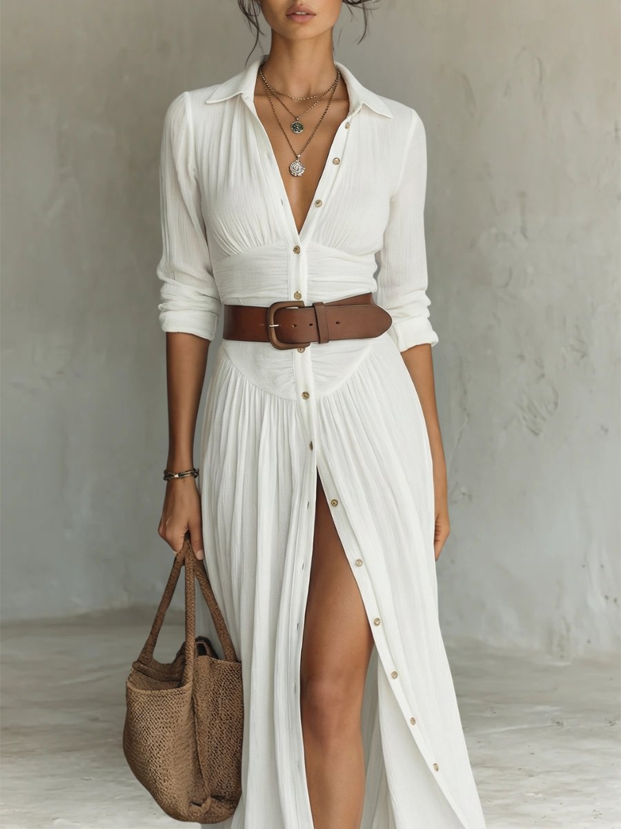 Freya | Women's Collared Button-Front Belted Maxi Shirt Dress