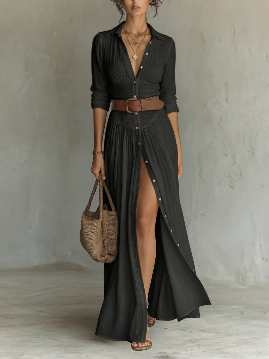 Freya | Women's Collared Button-Front Belted Maxi Shirt Dress