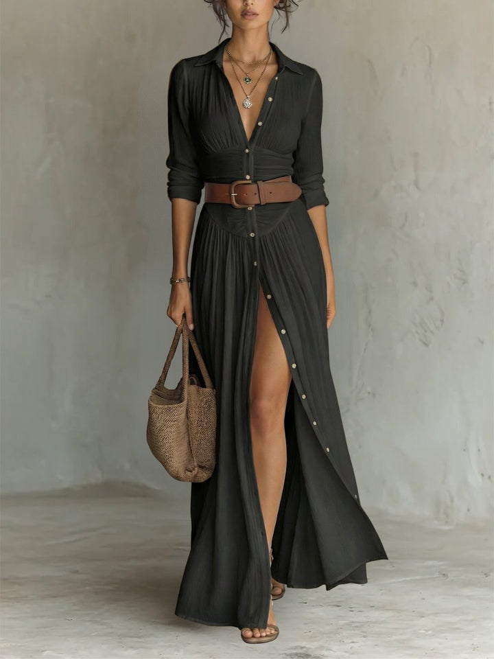 Freya | Women's Collared Button-Front Belted Maxi Shirt Dress