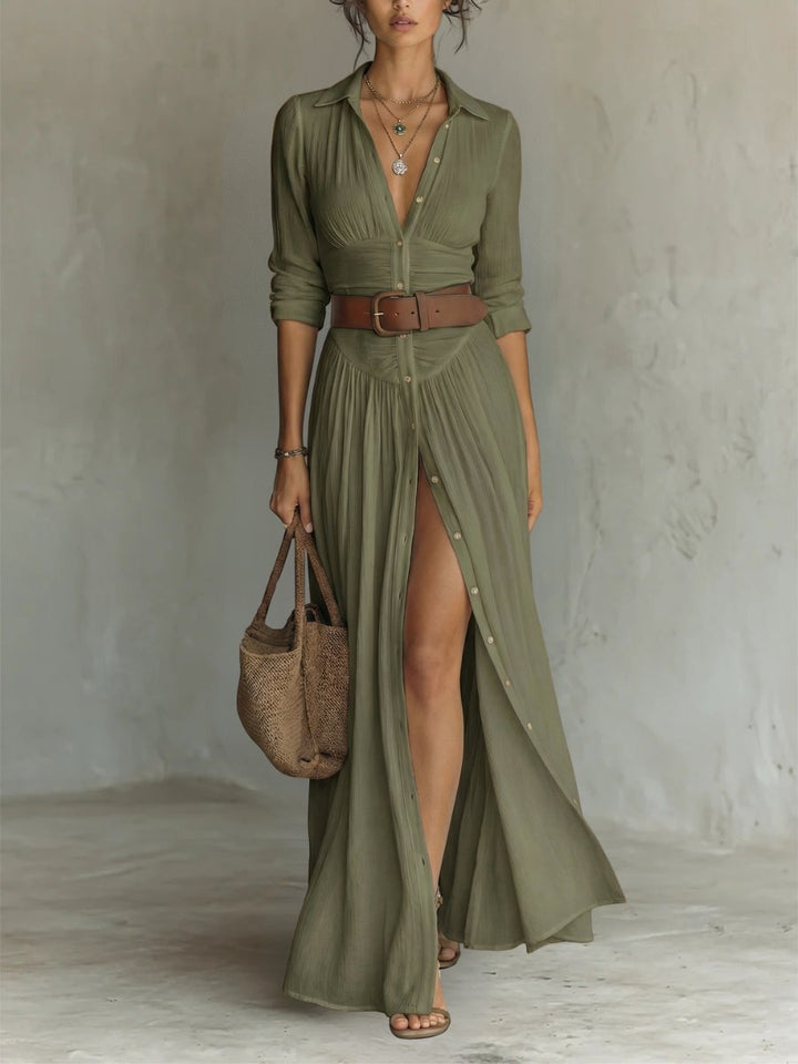 Freya | Women's Collared Button-Front Belted Maxi Shirt Dress