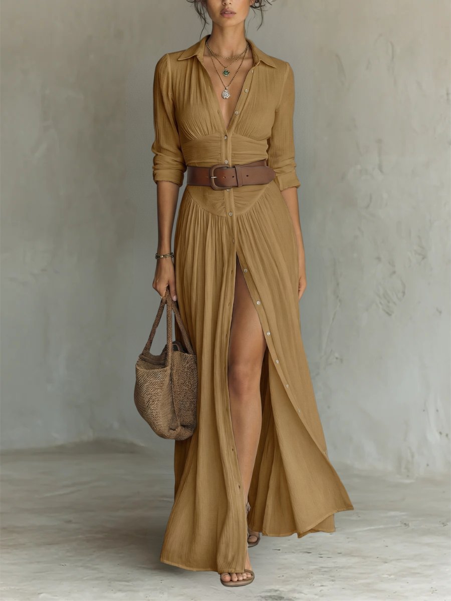 Freya | Women's Collared Button-Front Belted Maxi Shirt Dress