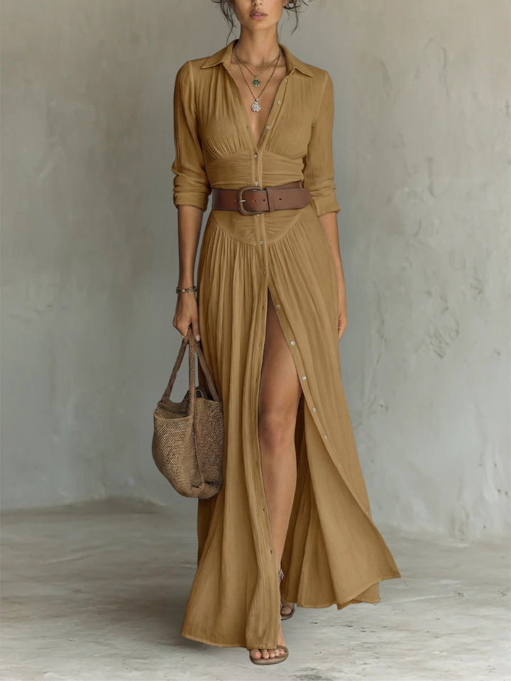 Freya | Women's Collared Button-Front Belted Maxi Shirt Dress