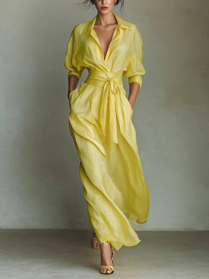 Ava | Women's Cotton Linen Deep V-Neck Wrap Maxi Shirt Dress