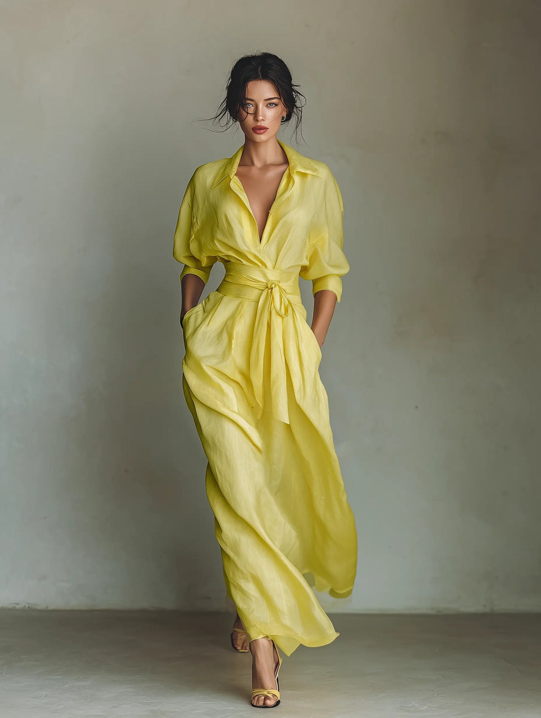 Ava | Women's Cotton Linen Deep V-Neck Wrap Maxi Shirt Dress