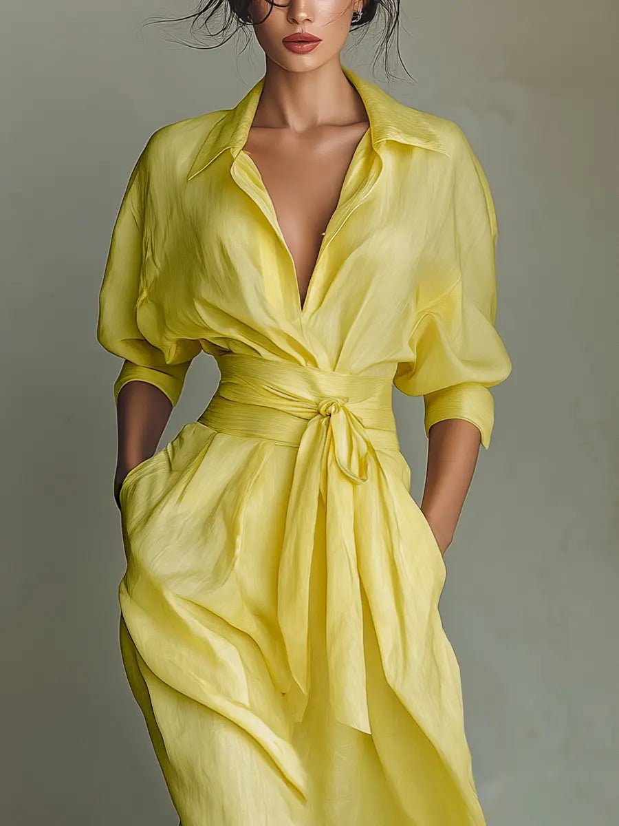 Ava | Women's Cotton Linen Deep V-Neck Wrap Maxi Shirt Dress