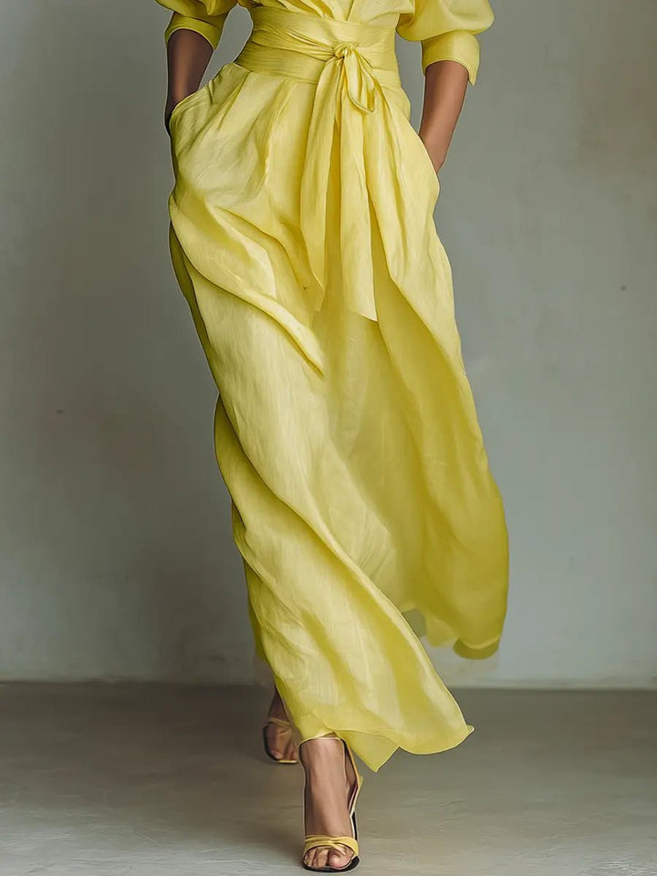 Ava | Women's Cotton Linen Deep V-Neck Wrap Maxi Shirt Dress