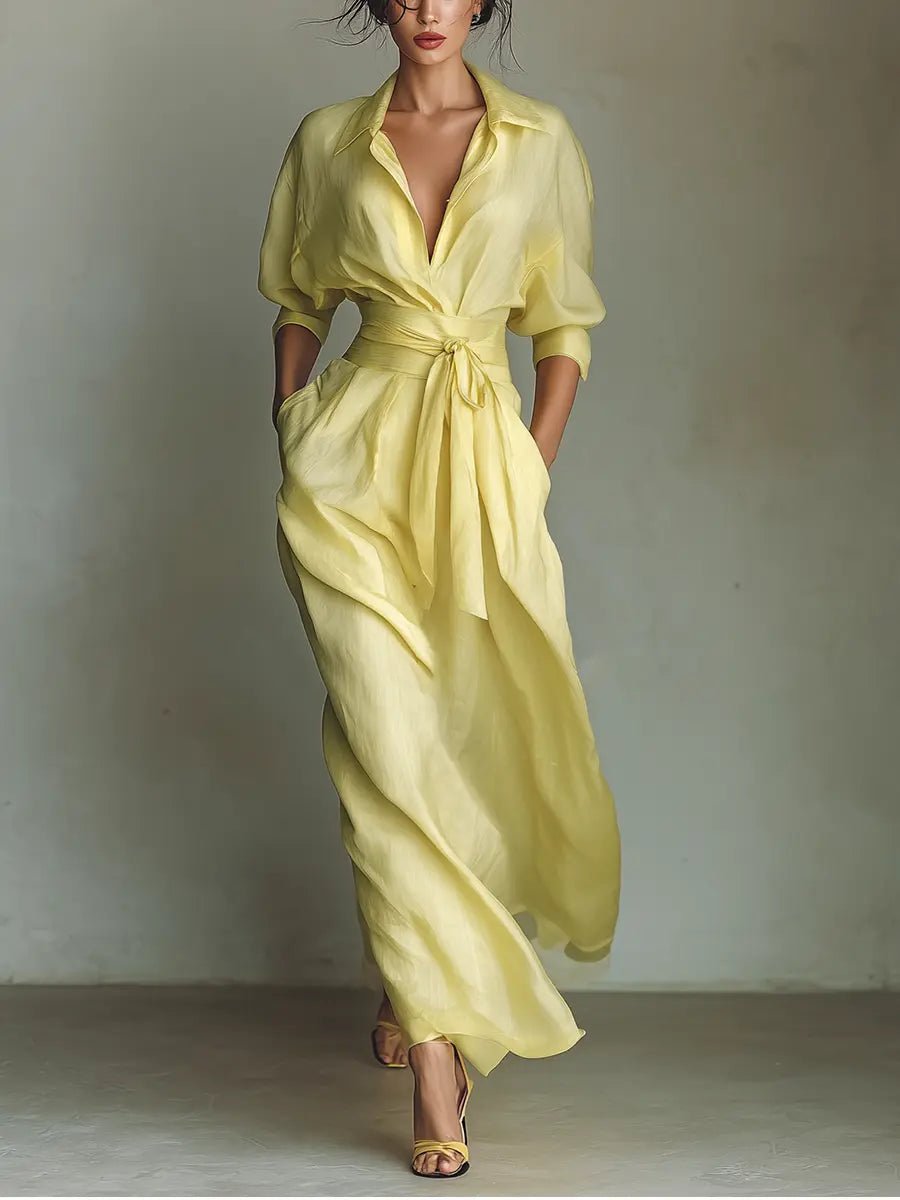 Ava | Women's Cotton Linen Deep V-Neck Wrap Maxi Shirt Dress