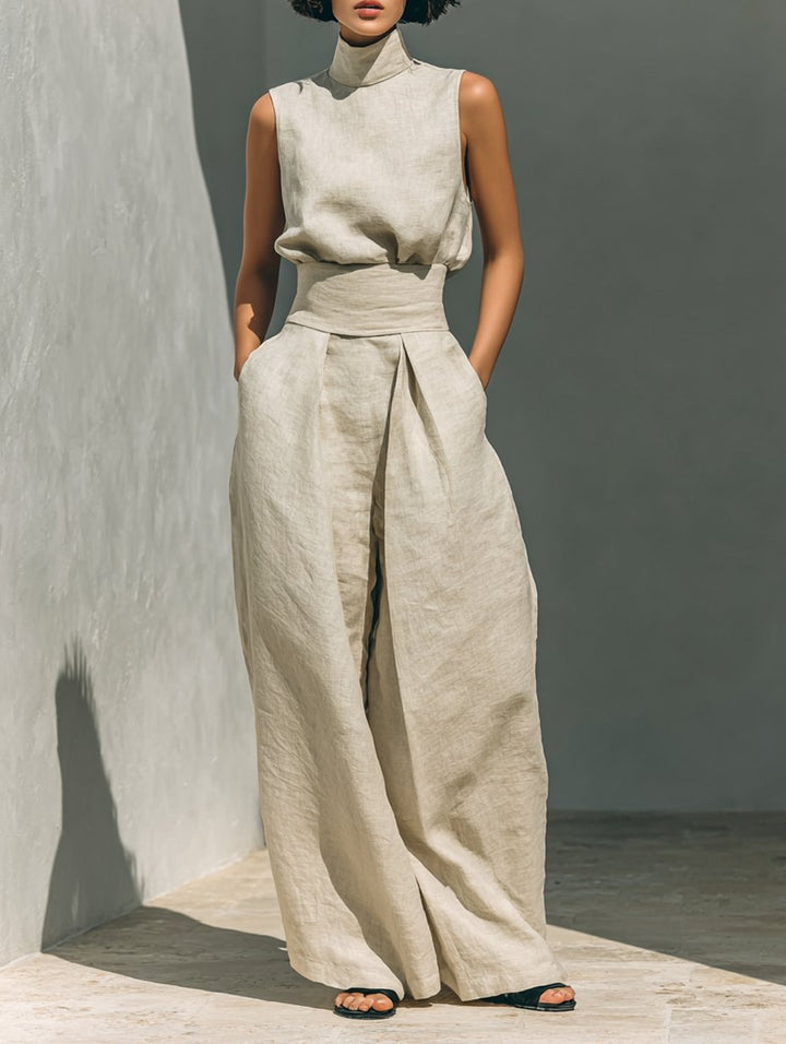 Ella | Women's Cotton Linen High-Neck Sleeveless Wide-Leg Two-Piece Set
