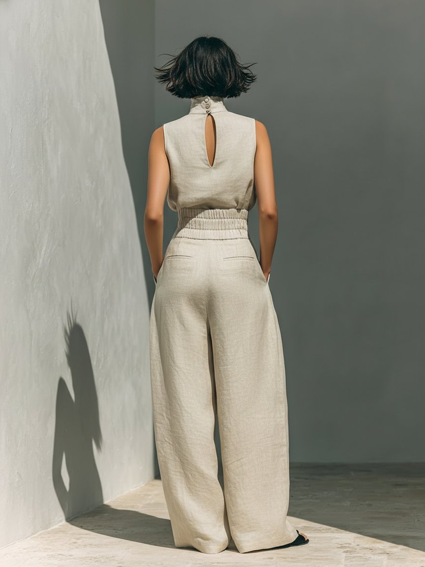 Ella | Women's Cotton Linen High-Neck Sleeveless Wide-Leg Two-Piece Set