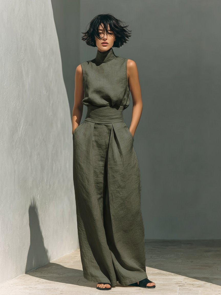 Ella | Women's Cotton Linen High-Neck Sleeveless Wide-Leg Two-Piece Set