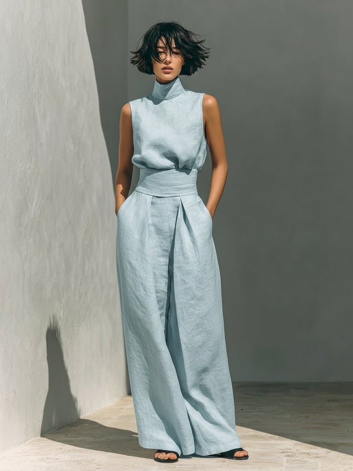 Ella | Women's Cotton Linen High-Neck Sleeveless Wide-Leg Two-Piece Set