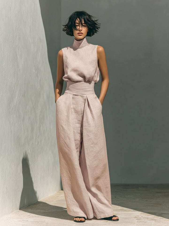 Ella | Women's Cotton Linen High-Neck Sleeveless Wide-Leg Two-Piece Set