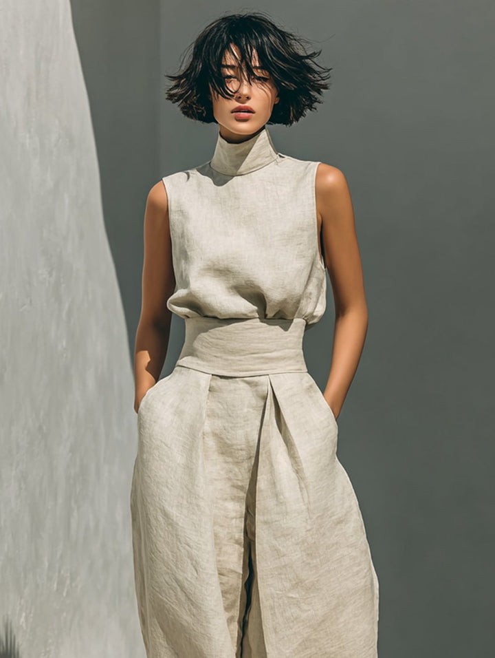 Ella | Women's Cotton Linen High-Neck Sleeveless Wide-Leg Two-Piece Set
