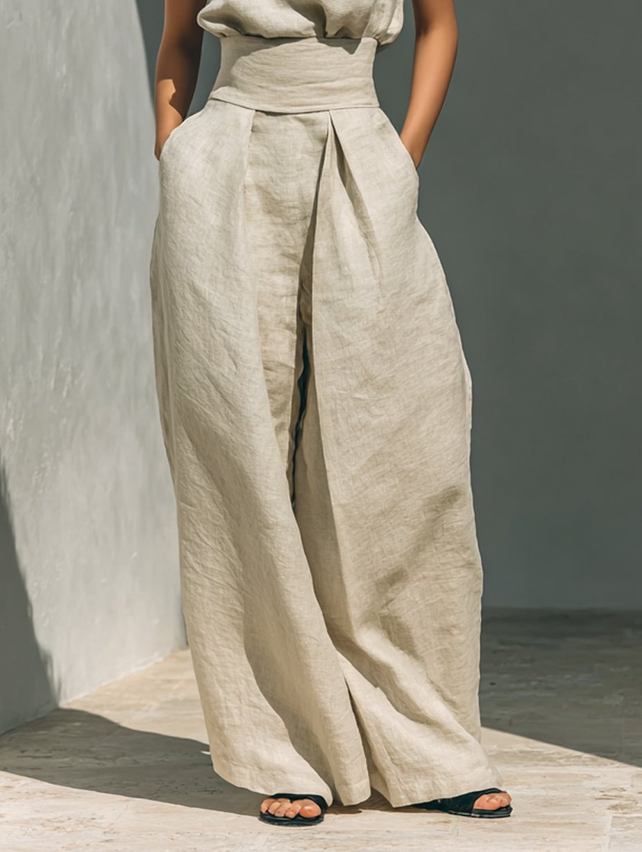 Ella | Women's Cotton Linen High-Neck Sleeveless Wide-Leg Two-Piece Set