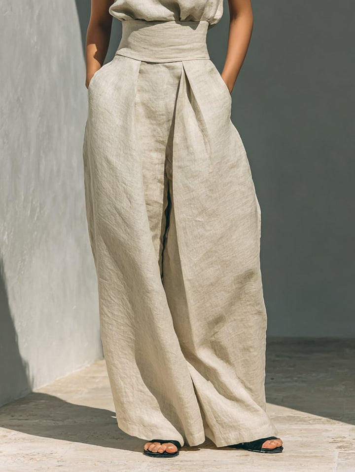Ella | Women's Cotton Linen High-Neck Sleeveless Wide-Leg Two-Piece Set