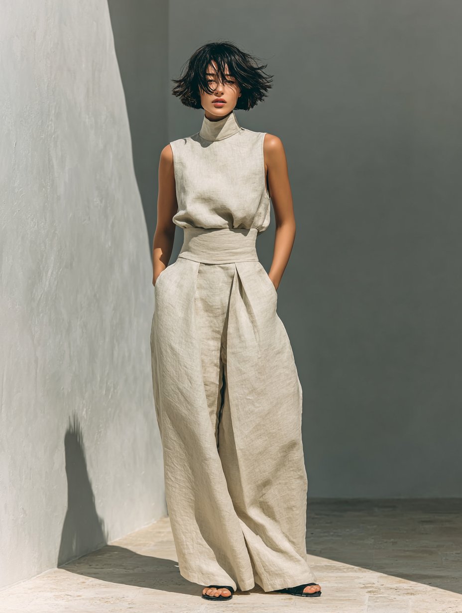 Ella | Women's Cotton Linen High-Neck Sleeveless Wide-Leg Two-Piece Set