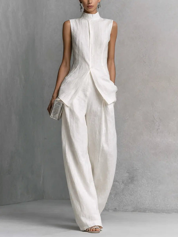 Freya | Women's Cotton-Linen Stand-Collar Wide-Leg Two-Piece Set