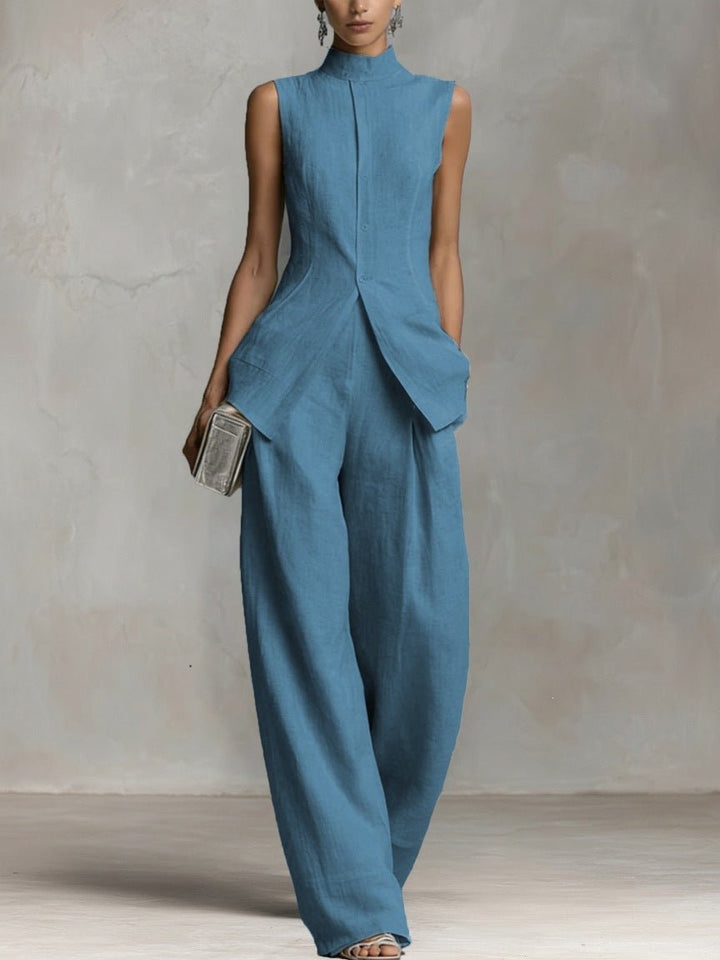 Freya | Women's Cotton-Linen Stand-Collar Wide-Leg Two-Piece Set