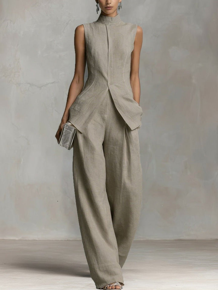 Freya | Women's Cotton-Linen Stand-Collar Wide-Leg Two-Piece Set