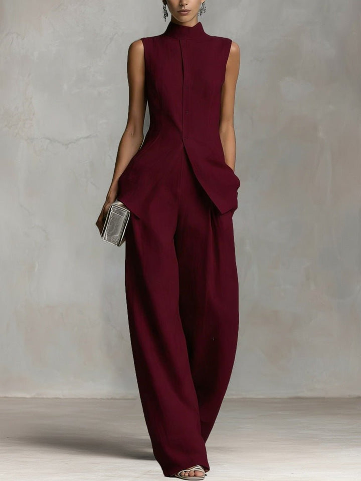Freya | Women's Cotton-Linen Stand-Collar Wide-Leg Two-Piece Set