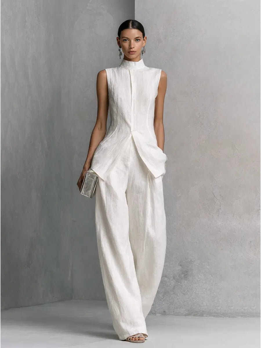 Freya | Women's Cotton-Linen Stand-Collar Wide-Leg Two-Piece Set