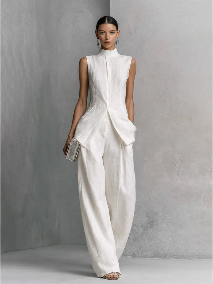 Freya | Women's Cotton-Linen Stand-Collar Wide-Leg Two-Piece Set