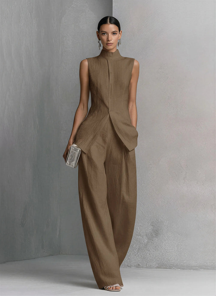 Freya | Women's Cotton-Linen Stand-Collar Wide-Leg Two-Piece Set