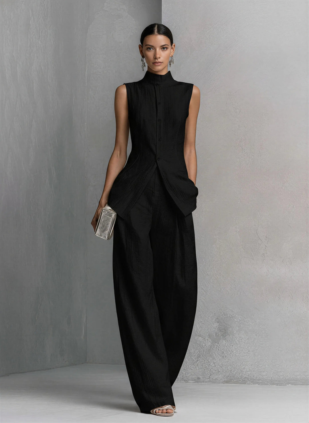 Freya | Women's Cotton-Linen Stand-Collar Wide-Leg Two-Piece Set