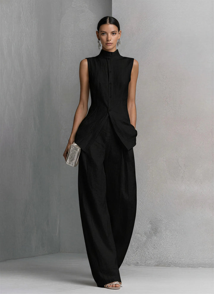 Freya | Women's Cotton-Linen Stand-Collar Wide-Leg Two-Piece Set