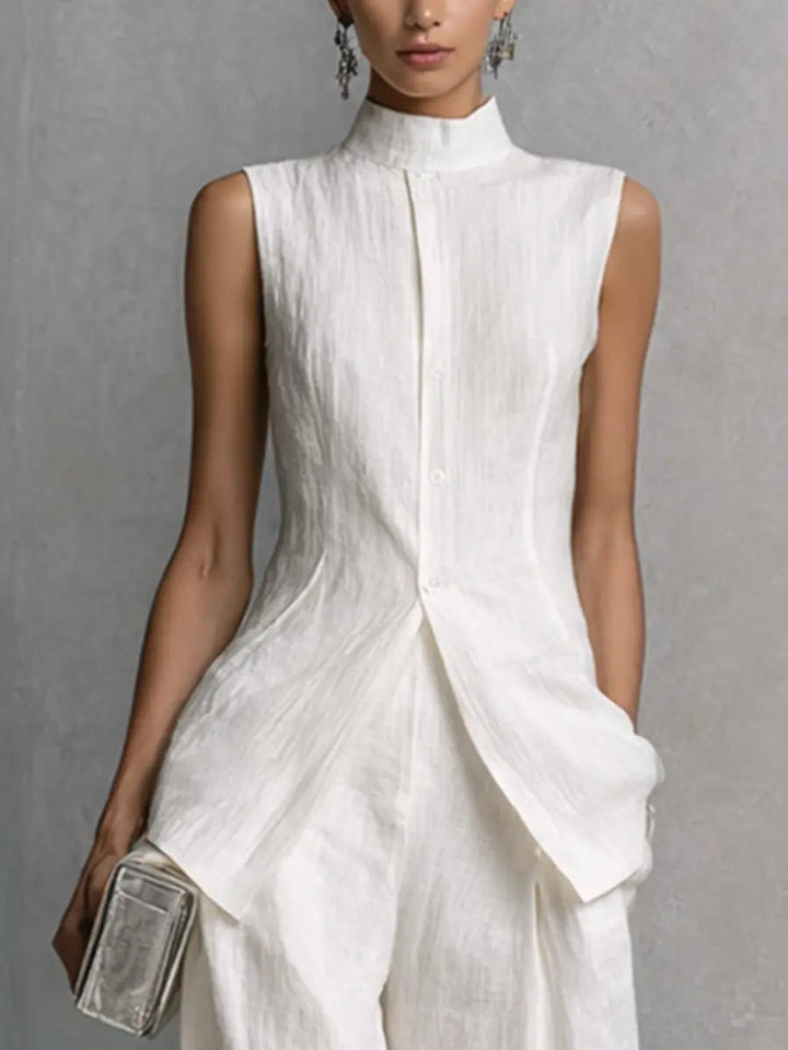 Freya | Women's Cotton-Linen Stand-Collar Wide-Leg Two-Piece Set