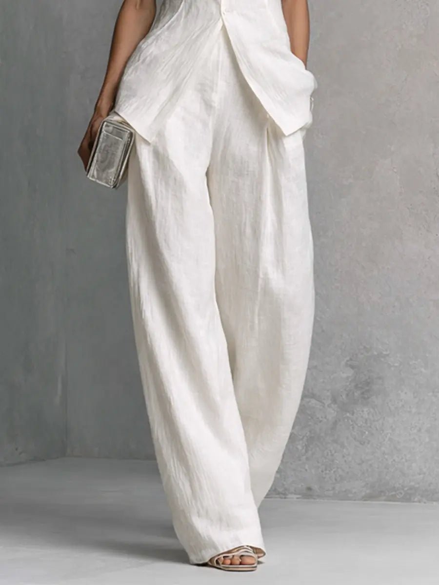 Freya | Women's Cotton-Linen Stand-Collar Wide-Leg Two-Piece Set