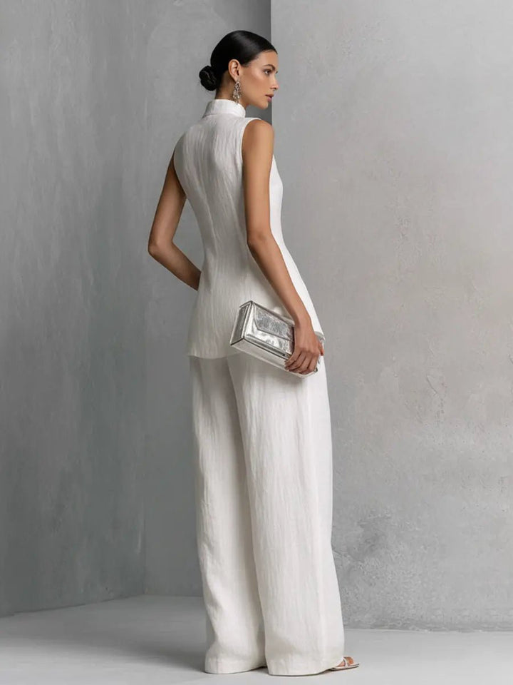 Freya | Women's Cotton-Linen Stand-Collar Wide-Leg Two-Piece Set