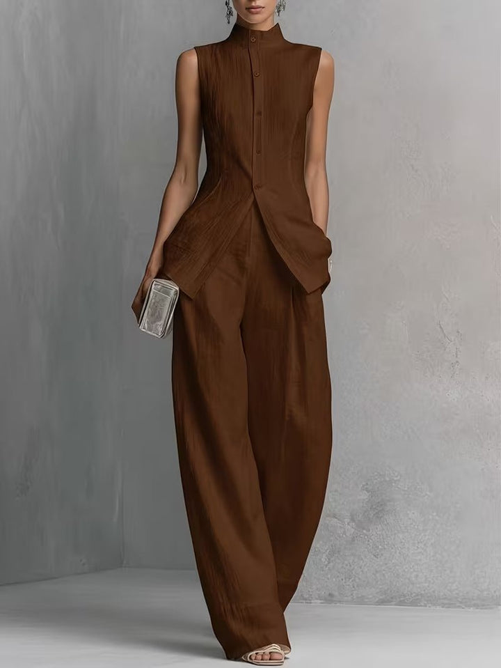 Freya | Women's Cotton-Linen Stand-Collar Wide-Leg Two-Piece Set