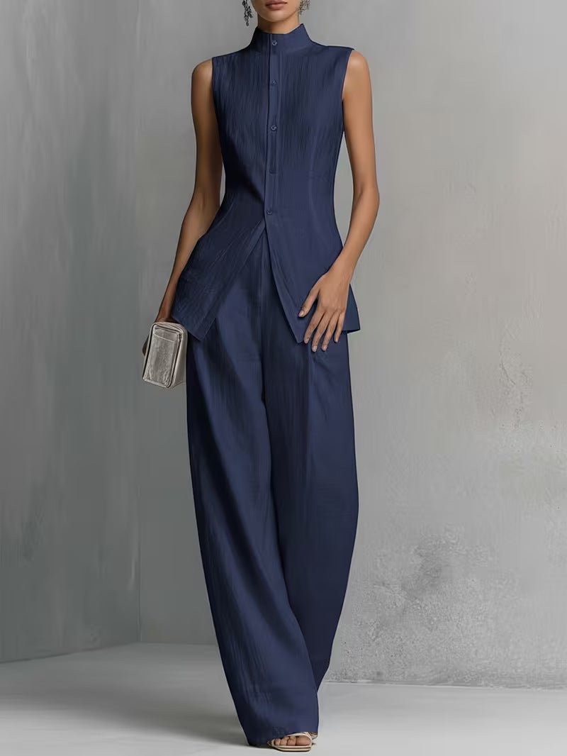 Freya | Women's Cotton-Linen Stand-Collar Wide-Leg Two-Piece Set