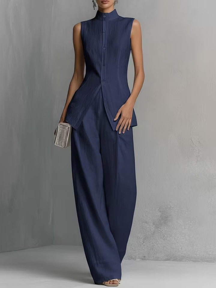 Freya | Women's Cotton-Linen Stand-Collar Wide-Leg Two-Piece Set