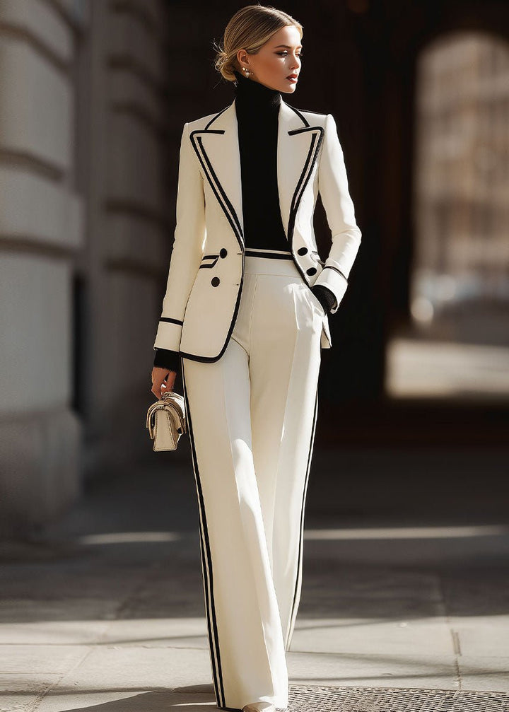 Ivy | Women's Double Breasted Suit Set Contrast Trim Blazer