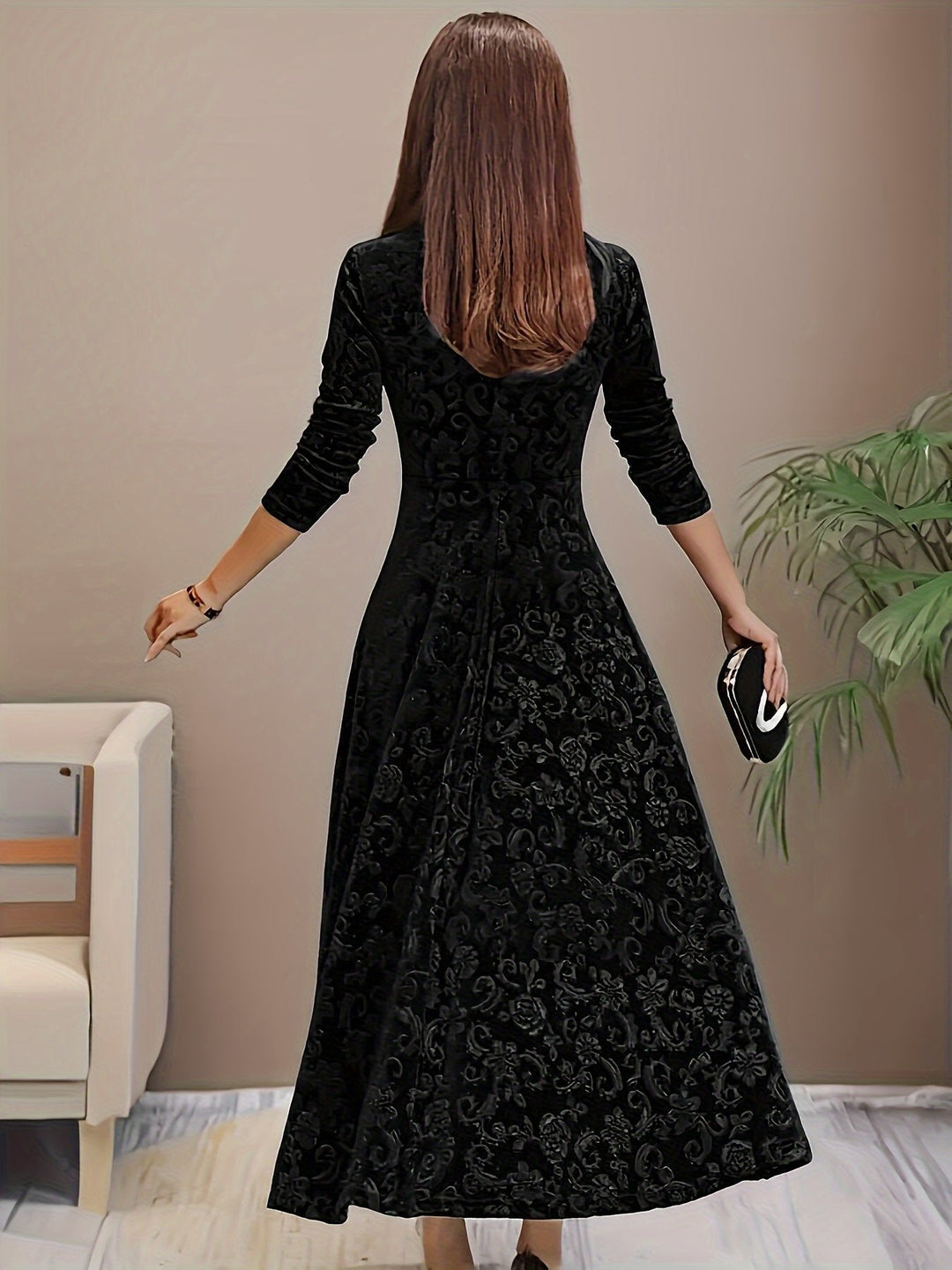 Sienna | Women's Embossed Velvet Square-Neck A-Line Midi Dress