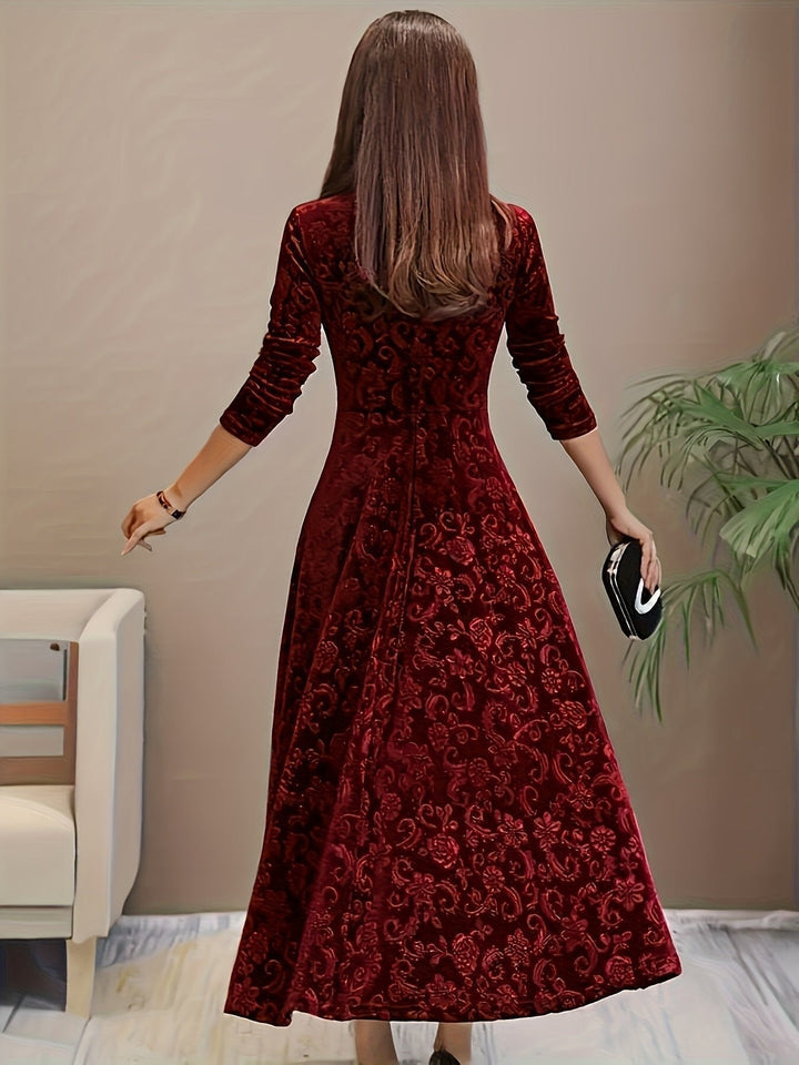 Sienna | Women's Embossed Velvet Square-Neck A-Line Midi Dress