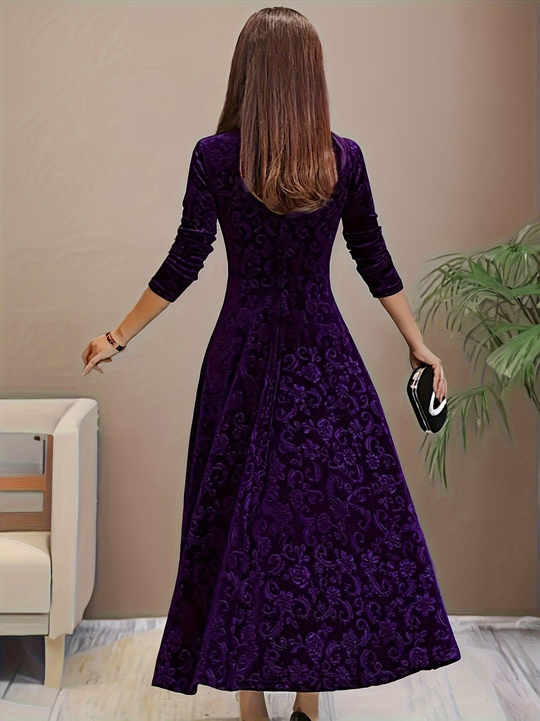 Sienna | Women's Embossed Velvet Square-Neck A-Line Midi Dress