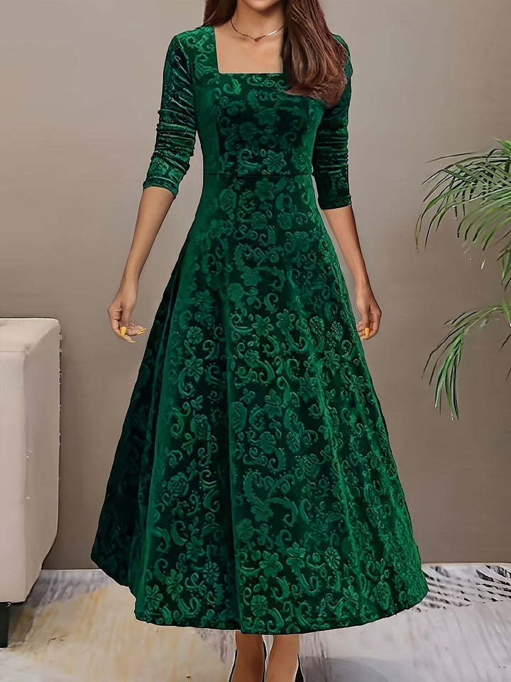 Sienna | Women's Embossed Velvet Square-Neck A-Line Midi Dress
