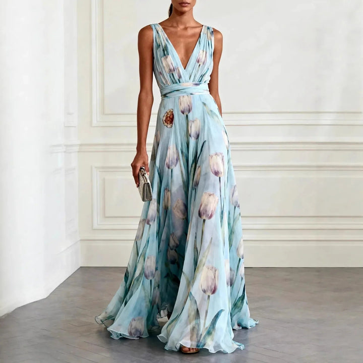 Freya | Women's Floral Chiffon Deep V-Neck Maxi Dress