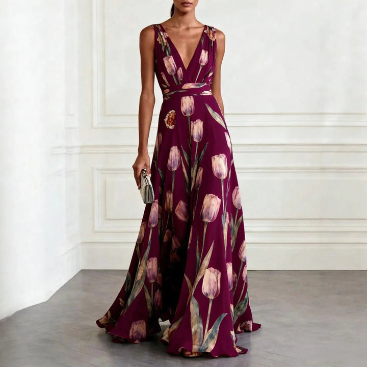 Freya | Women's Floral Chiffon Deep V-Neck Maxi Dress