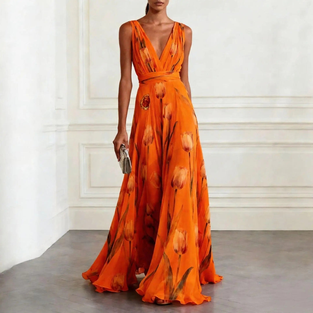 Freya | Women's Floral Chiffon Deep V-Neck Maxi Dress