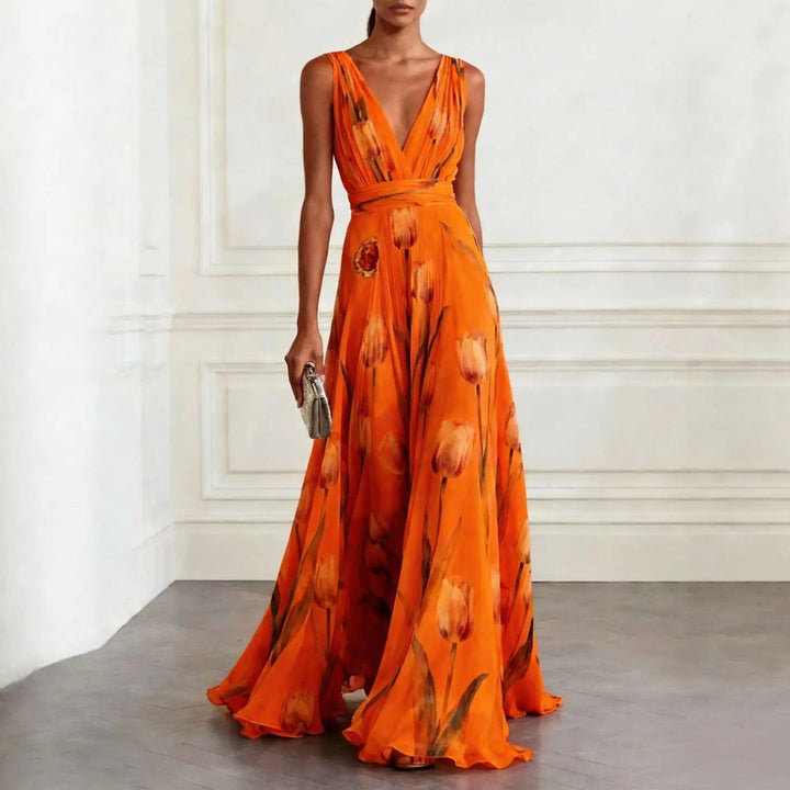 Freya | Women's Floral Chiffon Deep V-Neck Maxi Dress