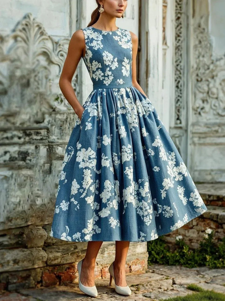 Isla | Women's Floral Linen Sleeveless Midi Dress