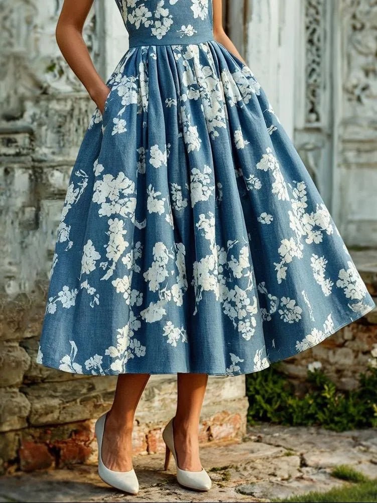 Isla | Women's Floral Linen Sleeveless Midi Dress