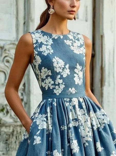 Isla | Women's Floral Linen Sleeveless Midi Dress