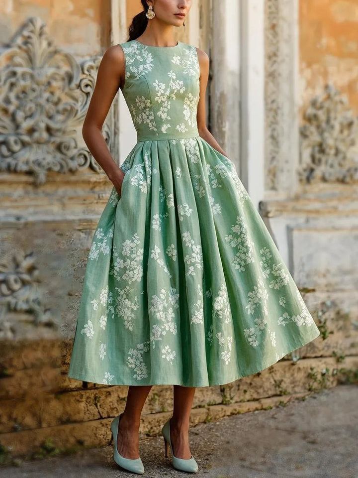 Isla | Women's Floral Linen Sleeveless Midi Dress