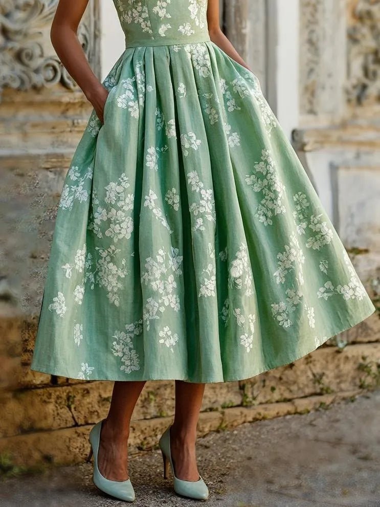 Isla | Women's Floral Linen Sleeveless Midi Dress