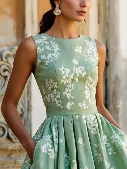 Isla | Women's Floral Linen Sleeveless Midi Dress